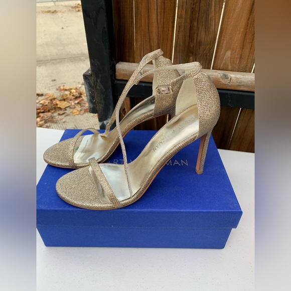 AUTHENTIC STUART WEITZMAN NUDISTSONG 4" STRAP SANDAL HEEL PLATINUM Noir 9.5 - Picture 1 of 12